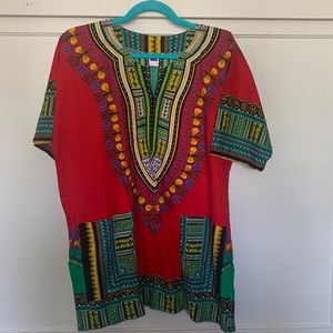 Vibrant cotton dashiki shirt, red with printed design